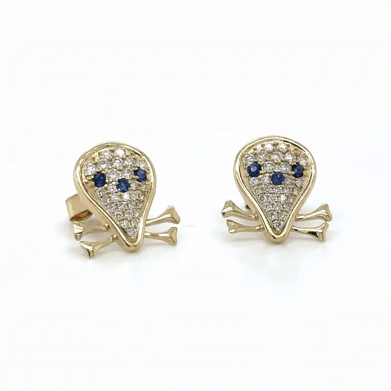 14k Yellow Gold Sapphire and Diamonds Skull Earring
