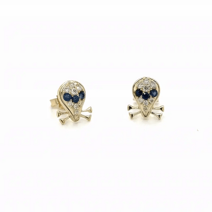 14k Yellow Gold Sapphire and Diamonds Skull Earring