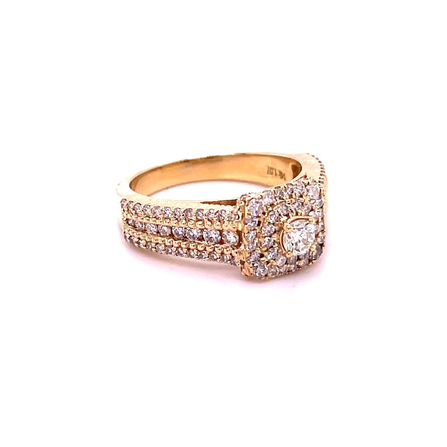 Triple Row Pavé Double Cushion Frame Ring in 14kt Yellow Gold