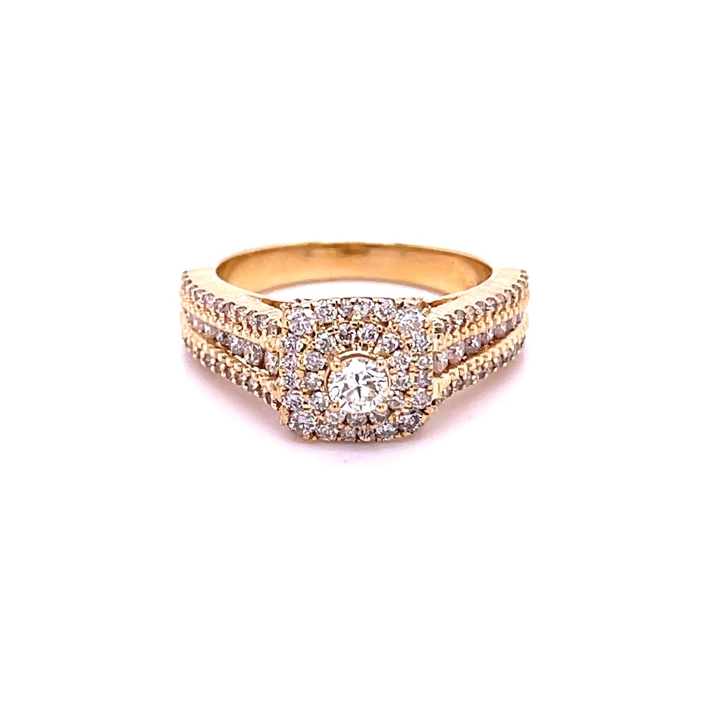 Triple Row Pavé Double Cushion Frame Ring in 14kt Yellow Gold
