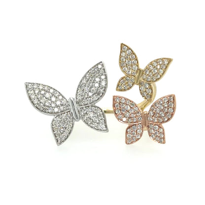 3 Tone Diamond Butterfly Ring in 14kt Gold