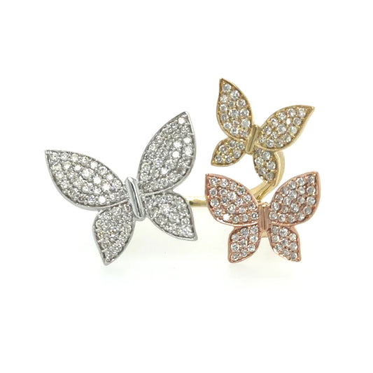 3 Tone Diamond Butterfly Ring in 14kt Gold