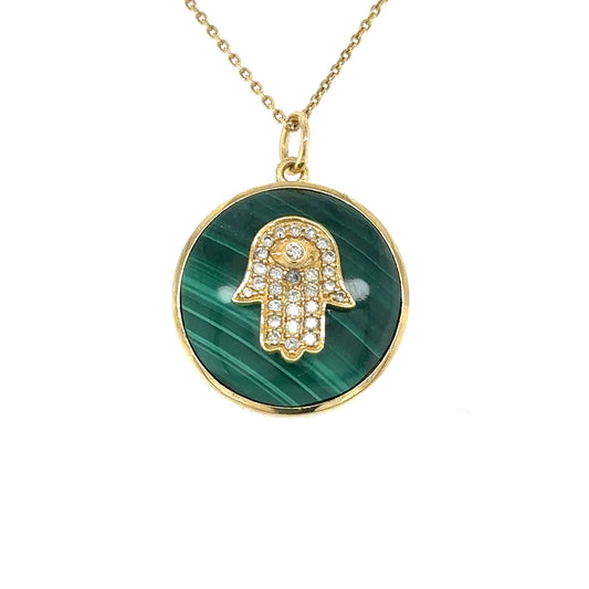 Yellow Gold Malachite Hamsa Pendent With Diamonds