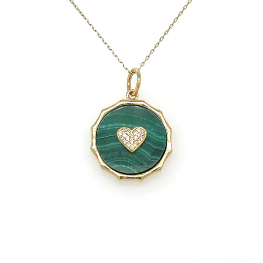 Yellow Gold Malachite Heart Pendent With Diamonds