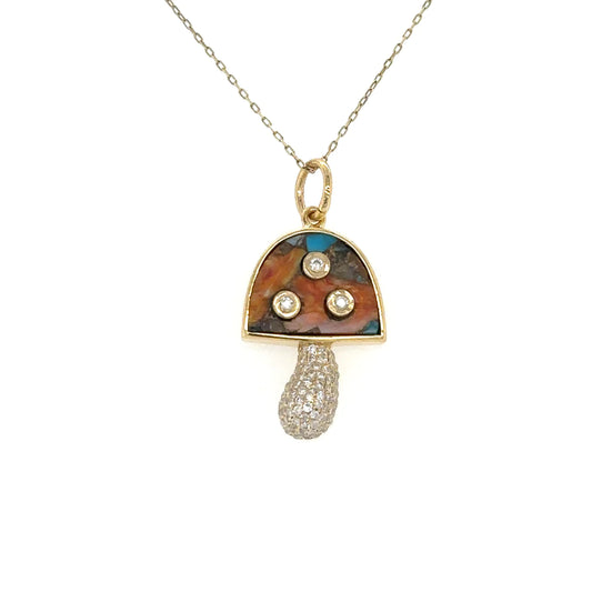 Yellow Gold Oyster Turquoise Mushroom Pendent With Diamonds