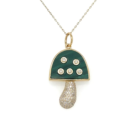 Yellow Gold Malachite Mushroom Pendent With Diamonds