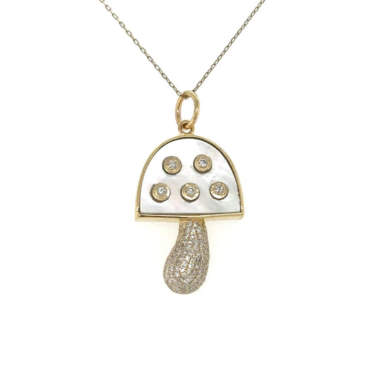 Yellow Gold Mother of Pearl Mushroom Pendent With Diamonds