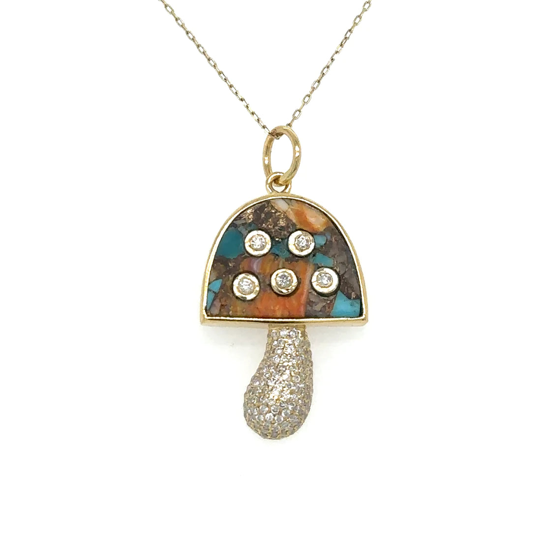 Yellow Gold Oyster Turquoise Mushroom Pendent With Diamonds