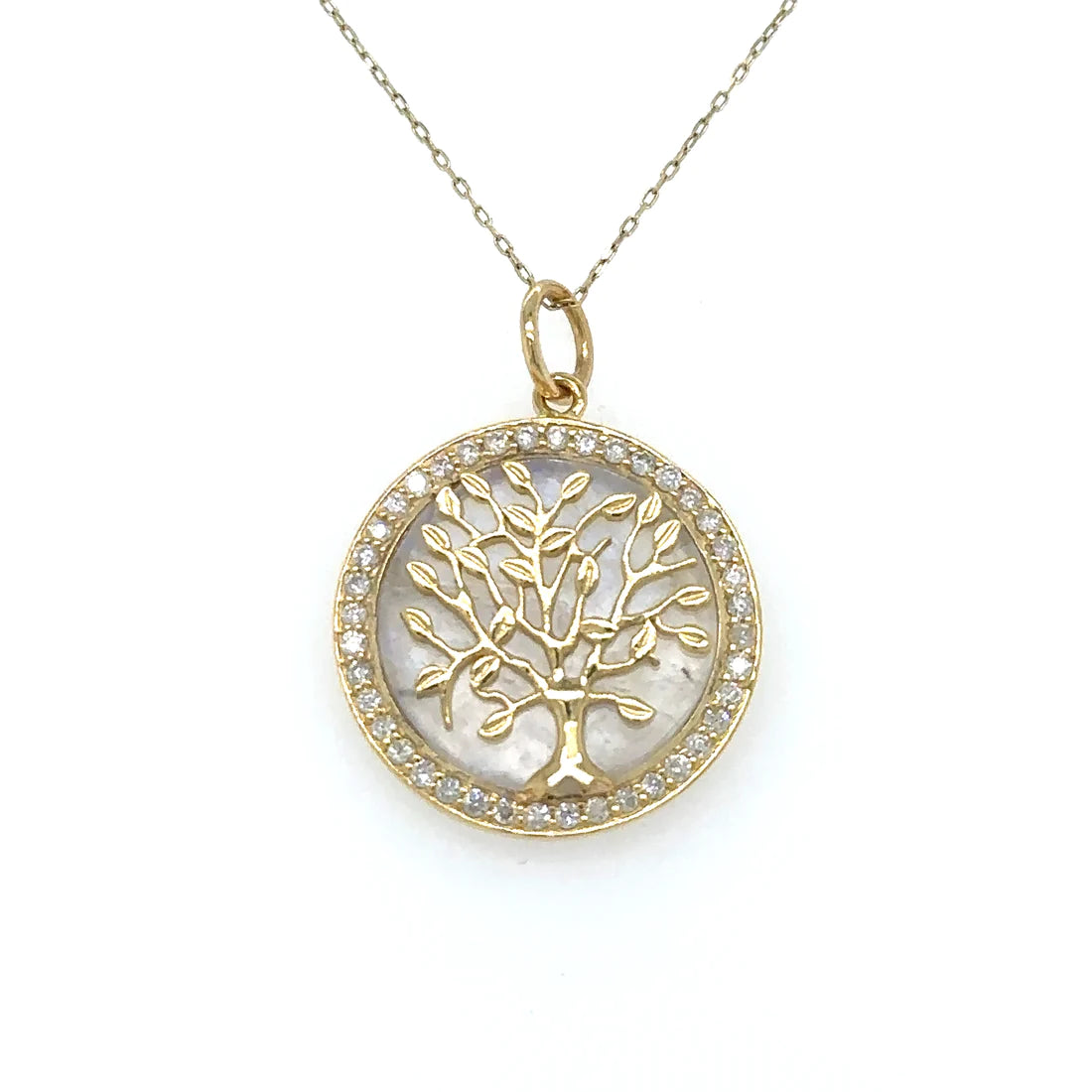 Yellow Gold Rainbow Moon Stone Tree of Life Pendent With Diamonds