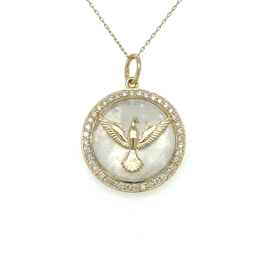 Yellow Gold Rainbow Moon Stone Bird Pendent With Diamonds