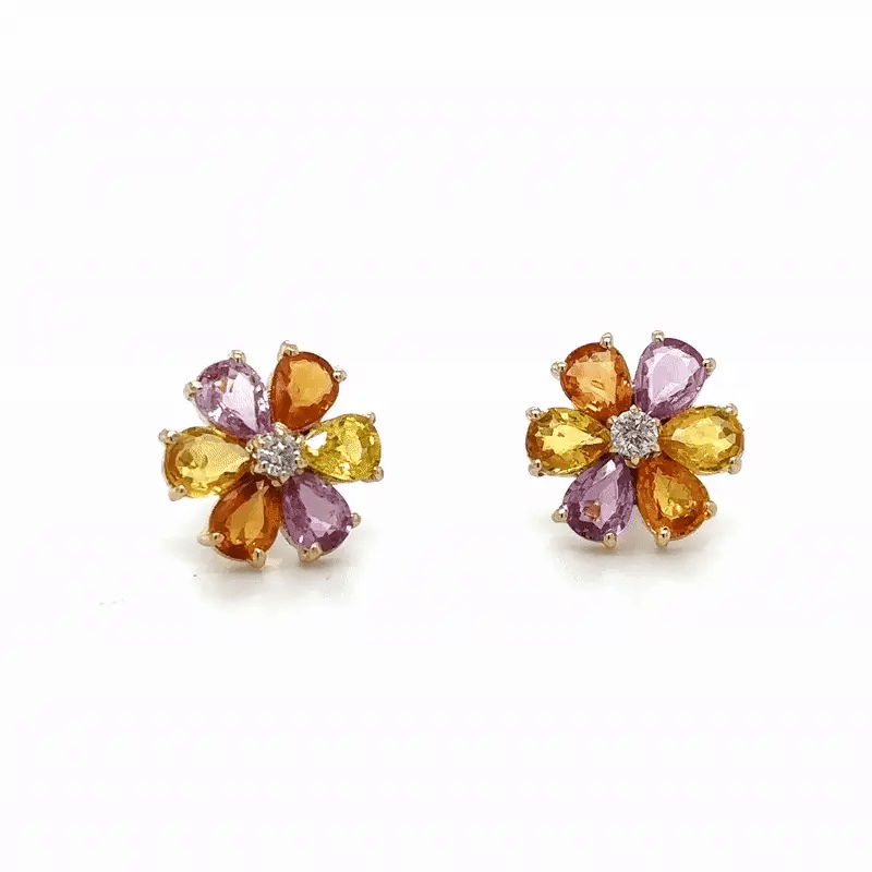 14k Yellow Gold Flower Earring With Multi Sapphire and Diamonds