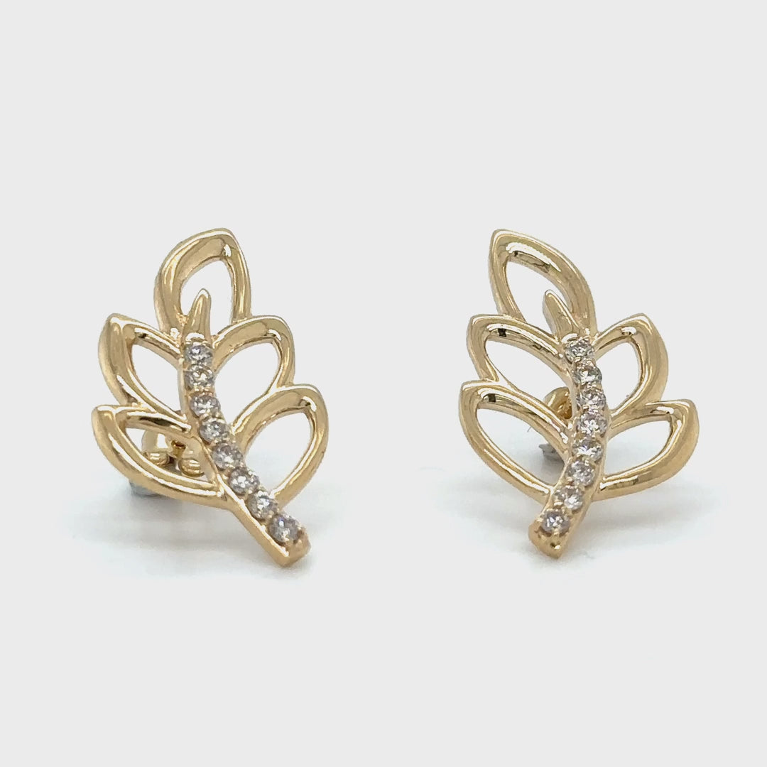 14k Yellow Gold Leaf Earring With Diamonds