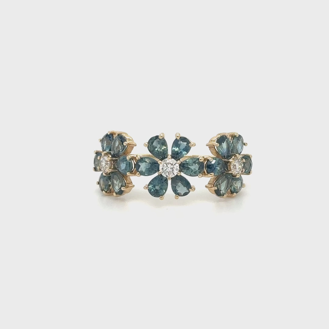 14k Flower Ring With Sapphire and Diamonds
