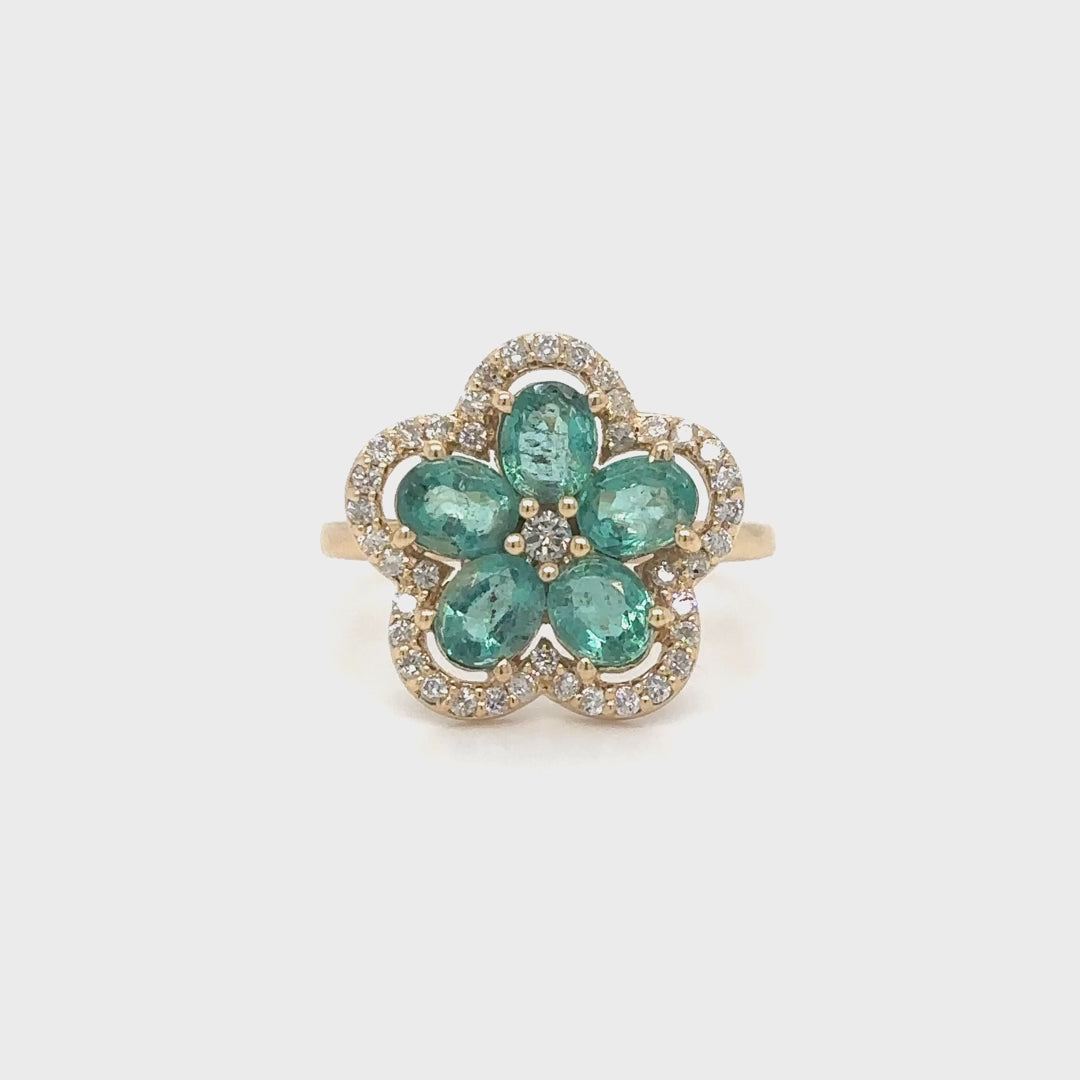14k Yellow Gold Flower Emerald and Diamond Ring