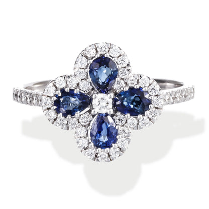 Diamond / Blue Sapphire Clover Ring 14kt Gold