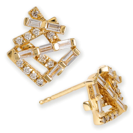 Diamond Baguette Irregualr Shape Ear Studs Yellow Gold