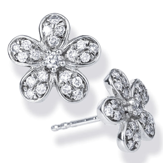 Diamond Flower Shape Ear Studs White Gold