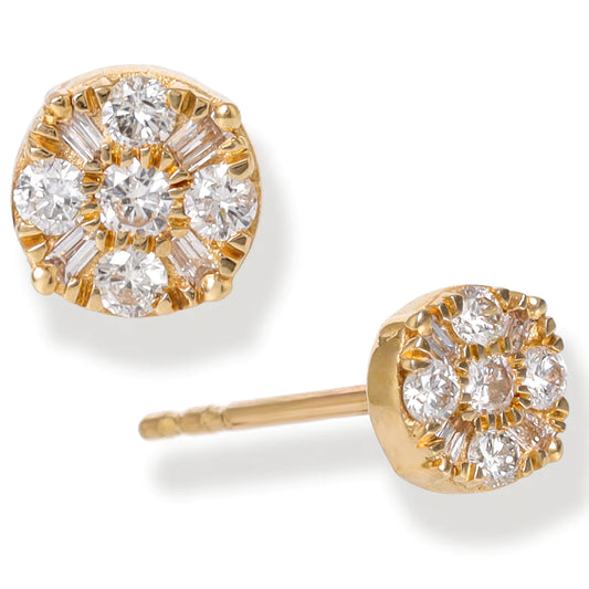 Diamond Round Disk Ear Studs Yellow Gold