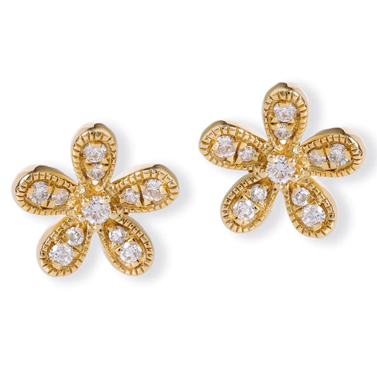 Diamond Flower Ear Studs Yellow Gold