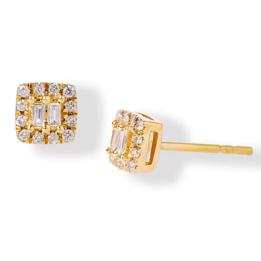 Diamond Cushion Shape Ear Studs Yellow Gold