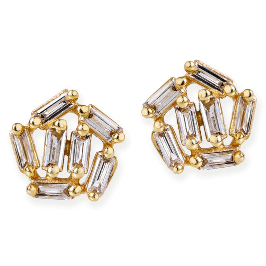 Diamond Baguette Irregualr Shape Ear Studs Yellow Gold