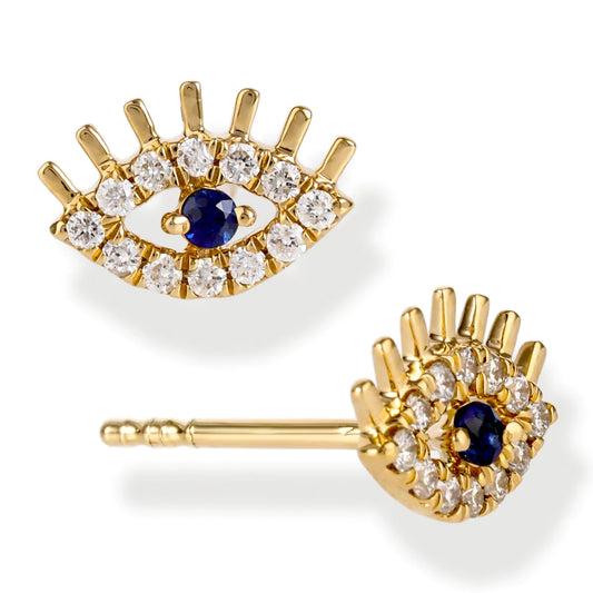 Diamond Evil Eye Ear Studs Yellow Gold