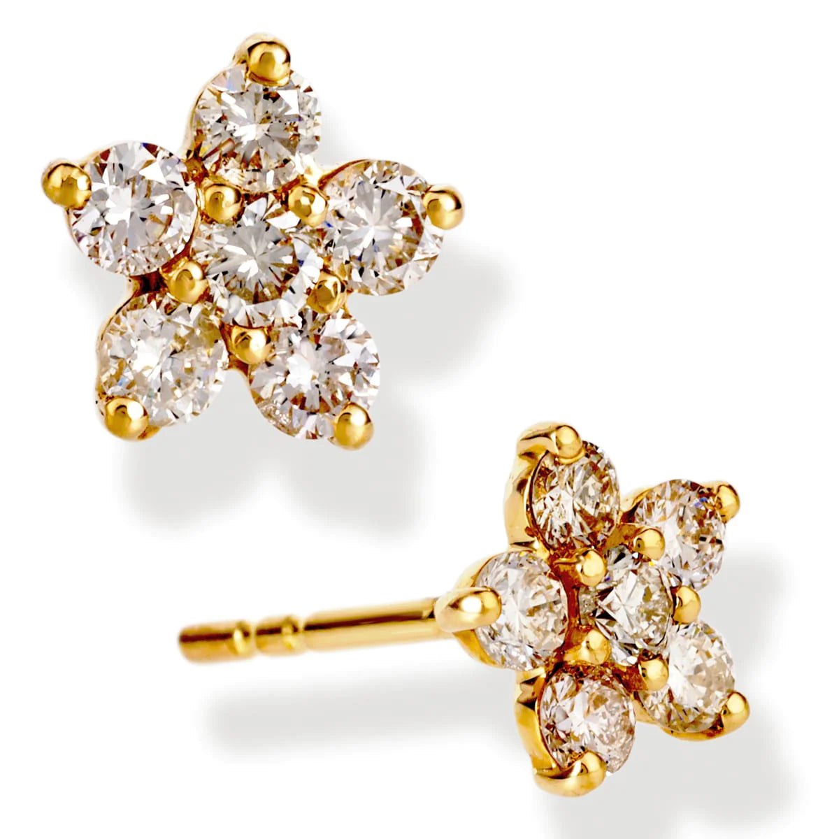 Diamond Flower Shape Ear Studs Yellow Gold