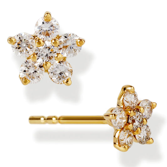 Diamond Flower Shape Ear Studs Yellow Gold