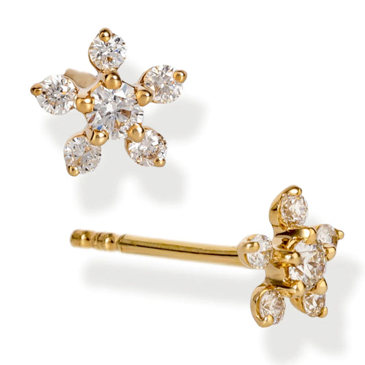 Diamond Flower Shape Ear Studs Yellow Gold