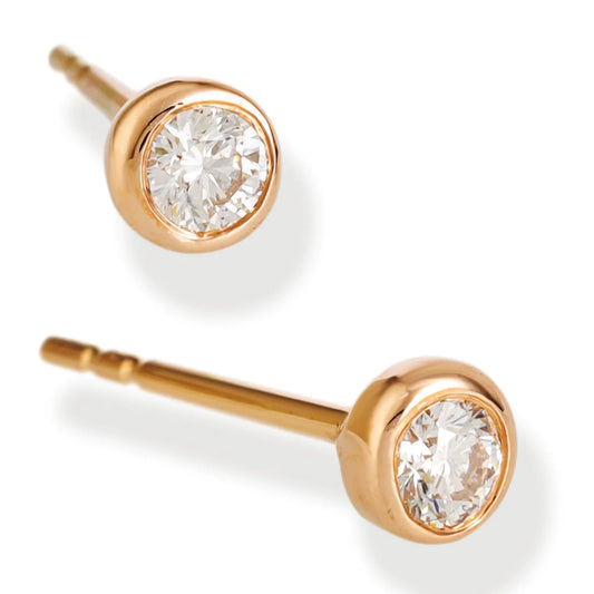 Diamond Round Bezel Ear Studs Yellow Gold