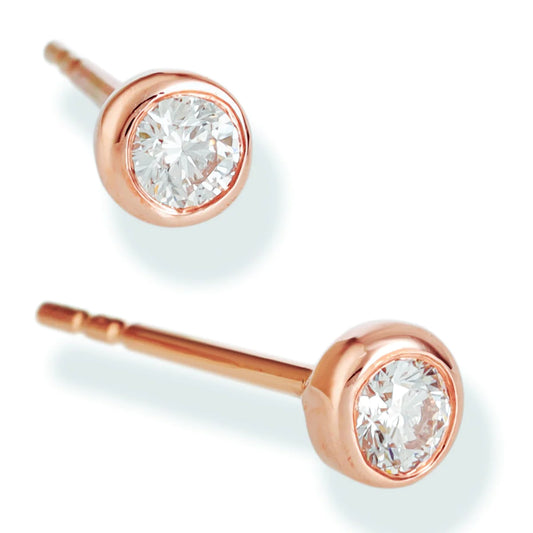 Diamond Round Bezel Ear Studs Rose Gold