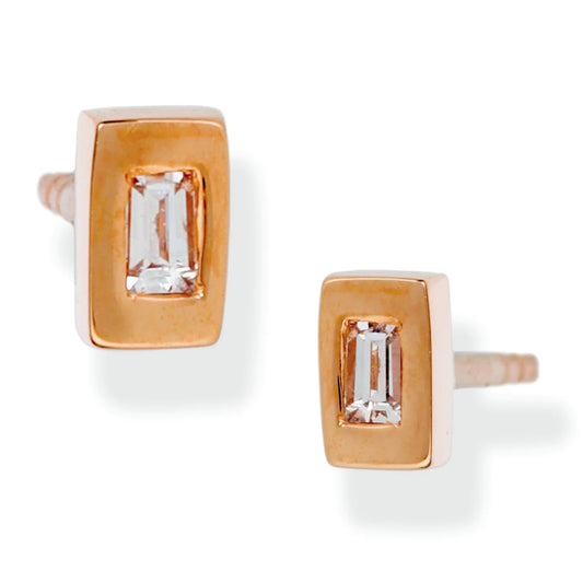 Diamond Baguette Bezeled Ear Studs Rose Gold