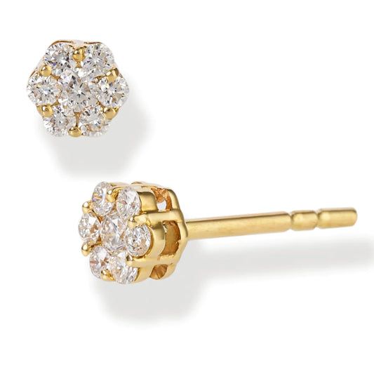 Diamond Round Disk Ear Studs Yellow Gold