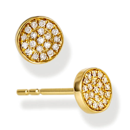 Diamond Round Disk Ear Studs Yellow Gold