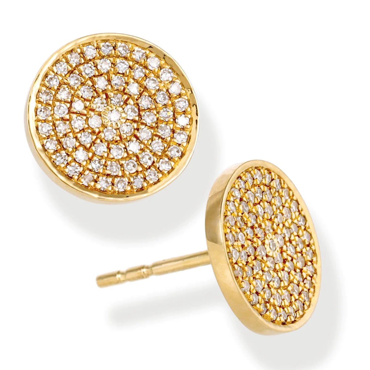 Diamond Round Disk Ear Studs Yellow Gold