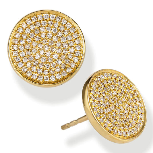 Diamond Round Disk Ear Studs Yellow Gold