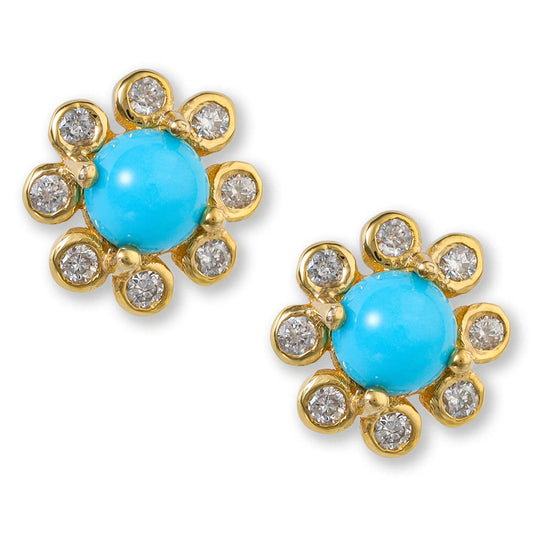 18kt. Diamond/turquoise Roung Earrings 9 Mm.