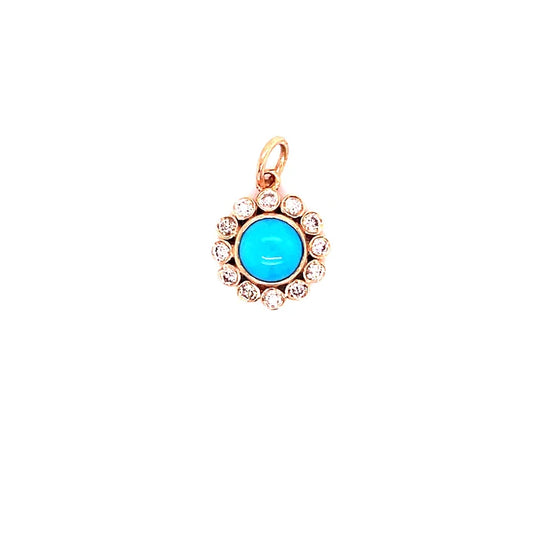 14kt Gold Turquise Round Pendent With Diamonds