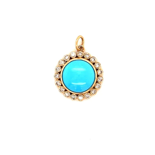 14kt Gold Turquoise Round Pendent With Diamonds