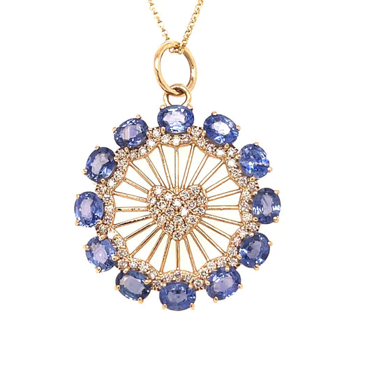 14kt Gold Diamonds/ Blue Sapphire Heart Round Pendent