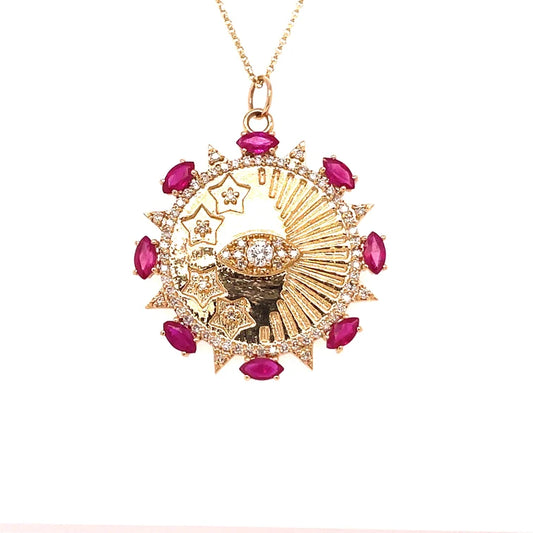 14kt Gold Diamonds/ Ruby With Evil Eye Round Pendent