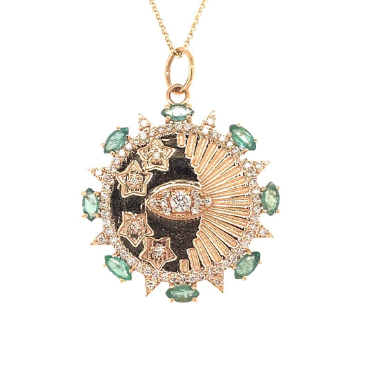 14kt Gold Diamonds/ Emerald Evil Eye Round Pendent