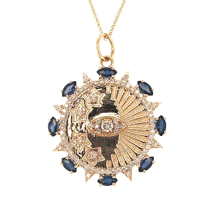 14kt Gold Diamonds/ Blue Sapphire Evil Eye Round Pendent
