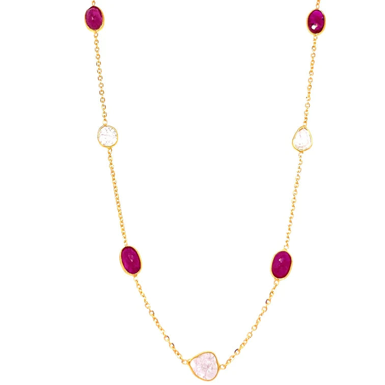 18kt Gold Bezeled Ruby / Diamond Slice Cut Necklace