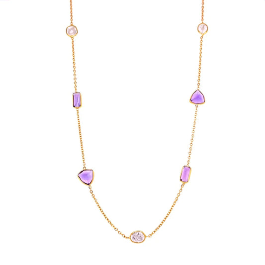 18kt Gold Bezeled Amethyst / Diamond Slice Cut Necklace