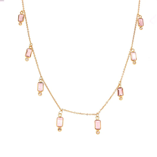 18kt Gold Bezeled Pink Tourmaline / Diamond Necklace