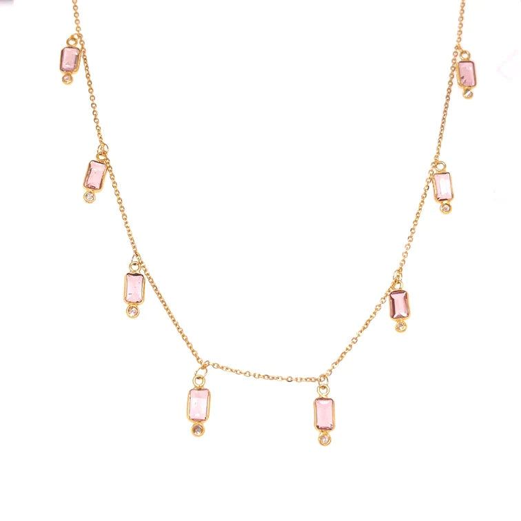 18kt Gold Bezeled Pink Tourmaline / Diamond Necklace