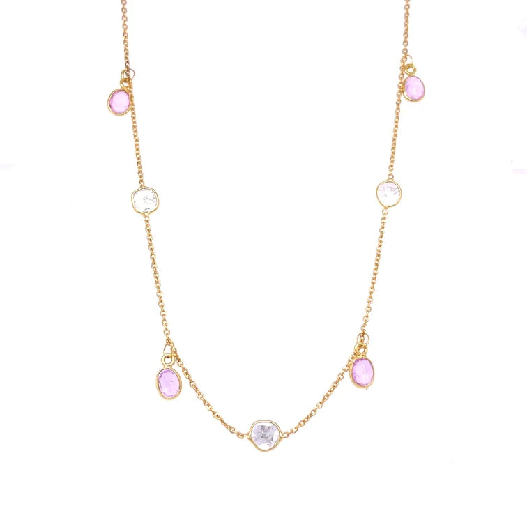 18kt Gold Bezeled Pink Sapphire / Diamond Slice Cut Necklace
