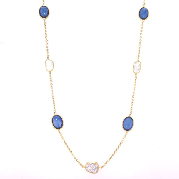 18kt Gold Bezeled Blue Sapphire / Diamond Slice Cut Necklace