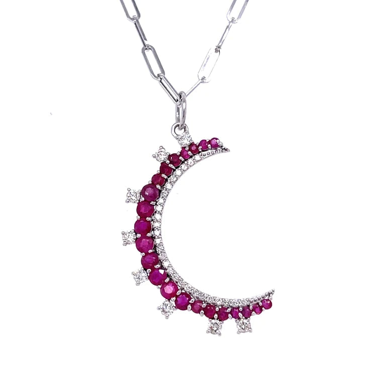 14kt White Gold Ruby Moon Pendent With Diamonds